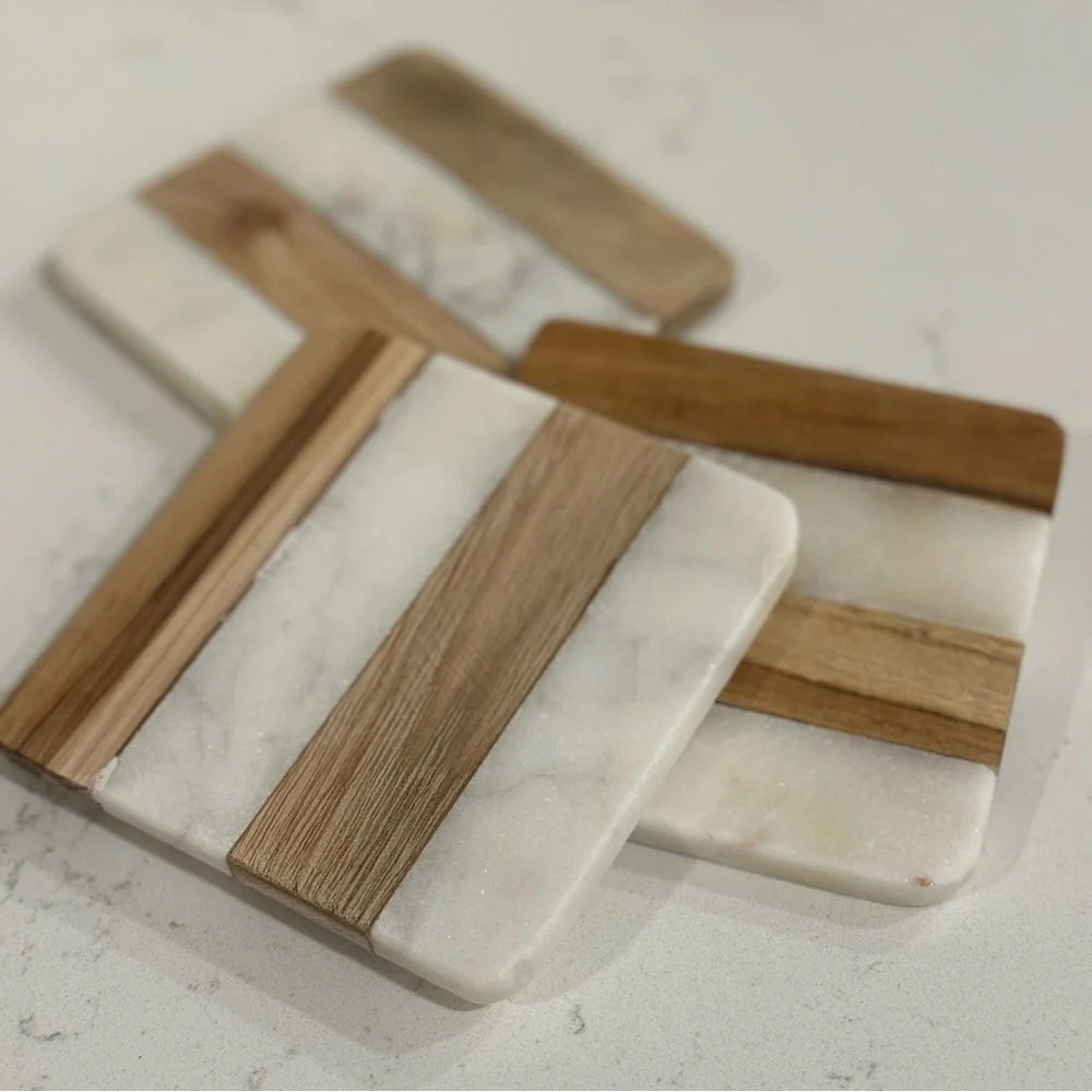 SQUARE MARBLE AND WOOD COASTER 4”(SET OF 3